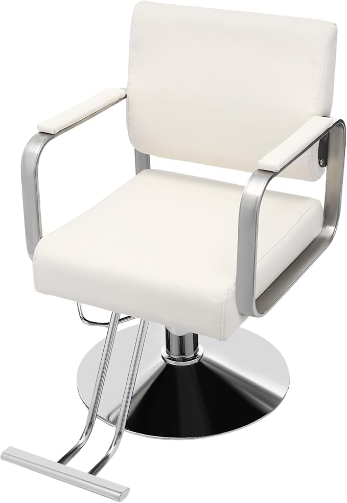 Salon Chair for Hair Stylist, Hydraulic Barber Chair with 360° Swivel, Height Adjustable Styling Chair for Barbershop, Beauty Salon, Tattoo & Spa Equipment, Off-White and Silver