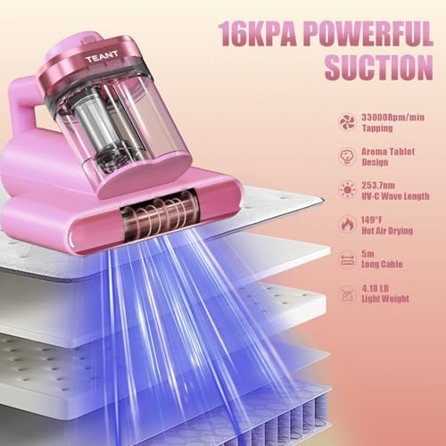 Teant Mattress Bed Vacuum Cleaner, 16 kPa Suction & 253.7nm UV-C, MV-Pink