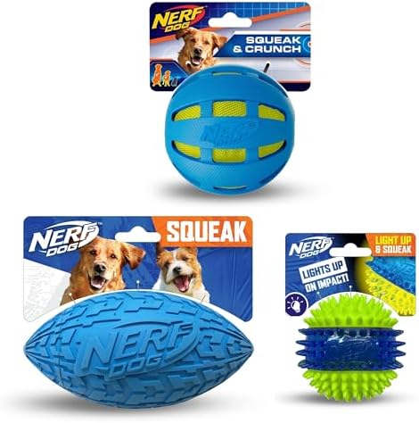 Nerf Dog Toy Gift Set, 3-Piece Set of Outdoor Dog Toys for Fetch, Includes Checker Crunch Ball, Spike LED Squeak Ball and Tire Squeak Football