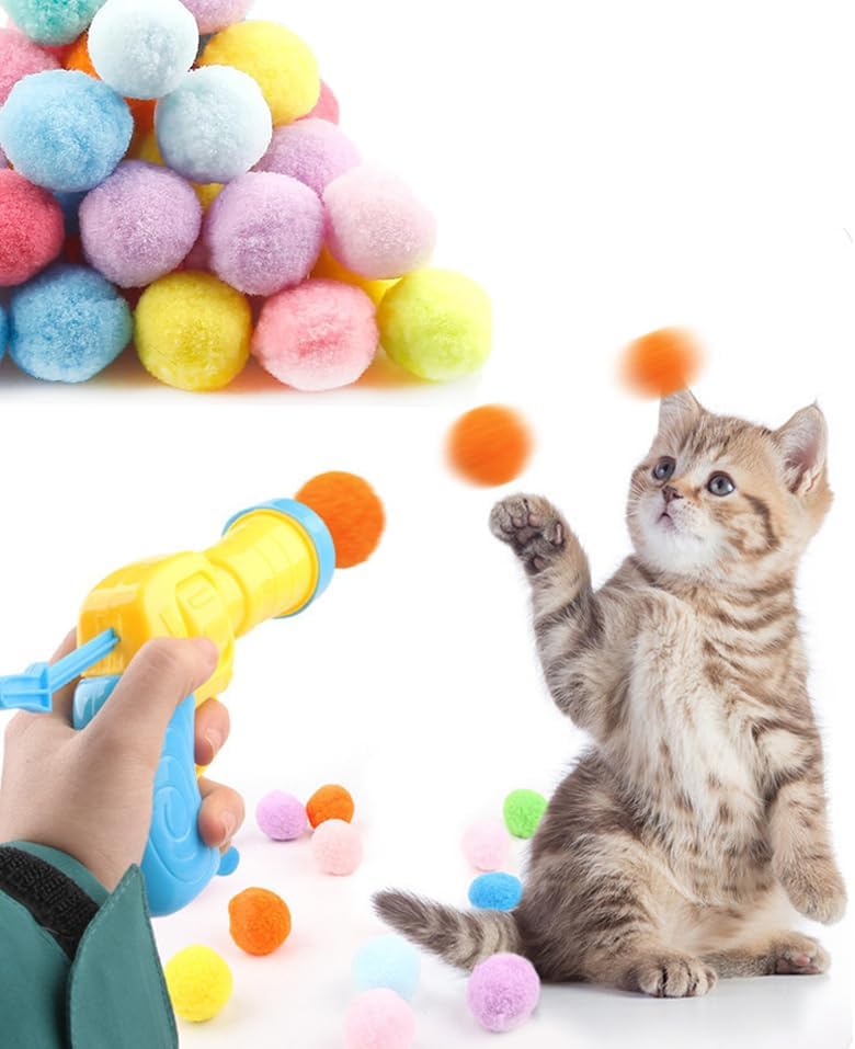 Cat Ball Toy Launcher Gun, 50 Plush Balls and 1 Plastic Gun, Fun Interactive Cat Toys