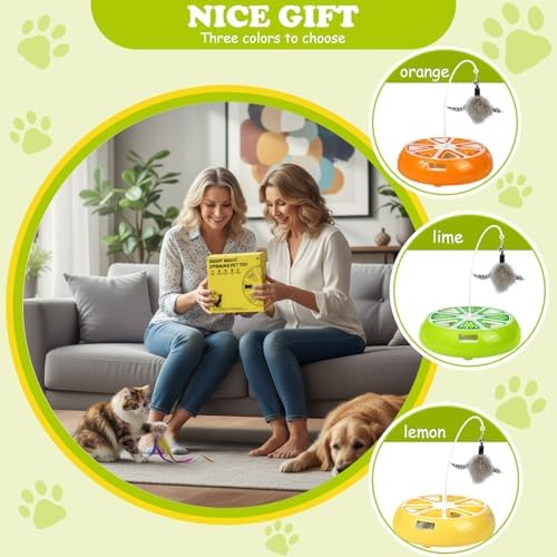 Puffluv Interactive Cat Toy,2 in 1Fruite Shape Toys with Electric Moving Concealed and Hanging Feathers Pop and Play Hide Seek, Hunting Tpye-C Rechargeable-Green Lime