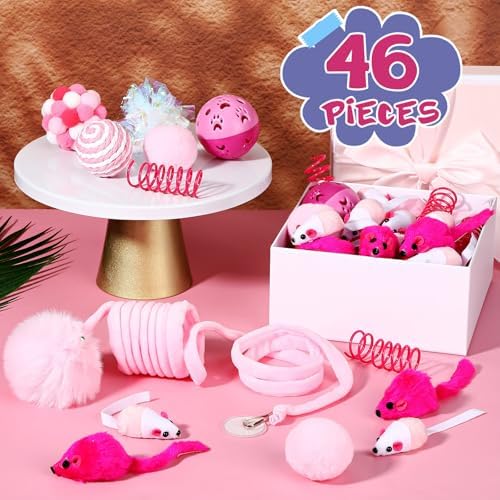Gemscream 46 Pcs Cat Toys Set Interactive Cute Cat Indoor Toys, Pink