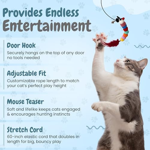 Interactive Cat Toys for Indoor Cats - Hanging Door Cat Toy with Bouncy Mouse and Bell - Door-Mounted Fun Toy for Cats at Home - Includes 2 Bonus Attachments