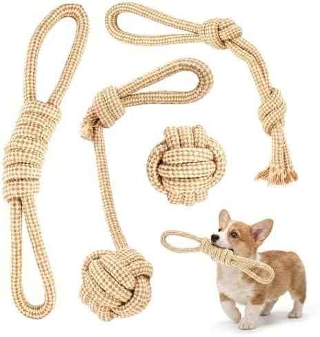 Dog Rope Toy Set 4 Pack, Rope Toys for Dogs & Chew Gear for Aggressive Chewers, Tug of War Dog Toys for Boredom, Puppy Essentials Teething Gadgets for Small Puppies, Teeth Cleaning