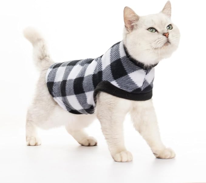 Cat Sweater Warm Fleece Pet Clothes for Cats Only | Soft Cat Vest Puppy Hoodie Coat, Fall Cold Winter Sweatshirt Pullover Clothing also for Small Dogs, Checkered M