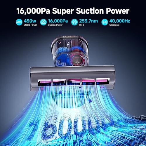 uwant 16Kpa Mattress Vacuum Cleaner 450W Powerful Bed Vacuum Set of 1 | 36000RPM Tap Bed Vacuum, 253.7 UV-C Light, 149℉ Hot Air, Dust Indicator Mattress Vacuum with HEPA Filter, Dual Cup for Bed