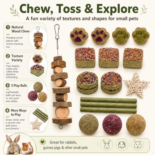 Grddaef Rabbit Toys, Guinea Pig Toys 17Pcs Natural Timothy Hay Bunny Chews and Treats for Hamster Chinchilla Gerbil