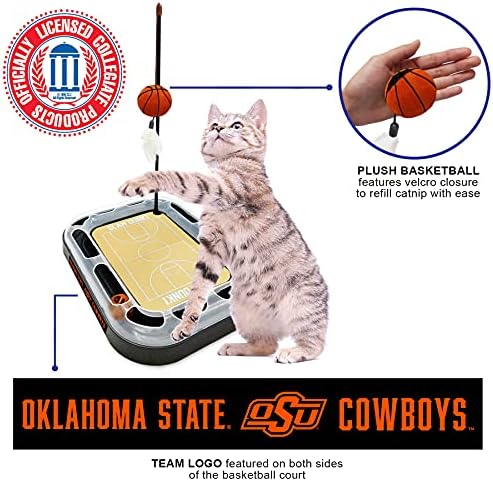 Cat Scratch Toy NCAA OKLAHOMA STATE Cowboys REVERSIBLE Basketball Court Felt/Cardboard Cat Scratcher Toy with Interactive Cat Ball Bell. 6-in-1 CAT TOY Cat Wand Poll CATNIP-FILLED Plush Basketball Toy