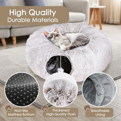 Peekaboo Cat Cave with Washable Mat, Collapsible Cat Play Tunnel for Kittens & Small Pets, Plush Cat Donut Bed Tunnel, Brown
