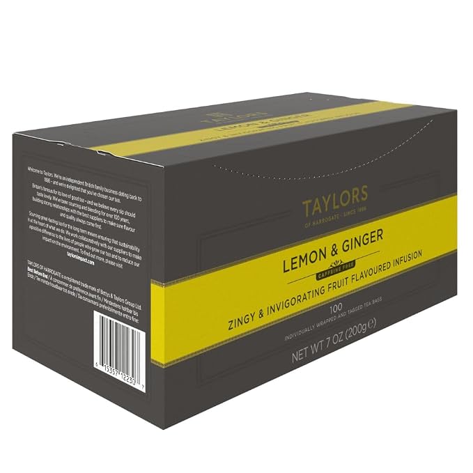 Taylors of Harrogate Lemon & Ginger, Herbal Tea, Individually Wrapped Bags, 100 Count (Pack of 1), Cleansing, Invigorating and Citrussy, Caffeine-Free, Enjoy Hot or Iced, 100 Teabags