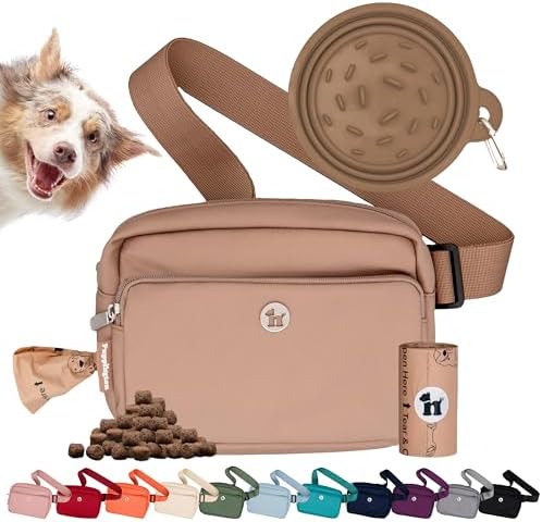 Puppington 3-in-1 Crossbody Dog Walking Bag & Dog Treat Pouch for Pet Training - Matching Compostable Poop Bags, Built-In Poop Bag Dispenser & Slow-Feeding Travel Bowl (Latte Beige)