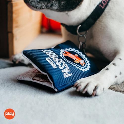 P.L.A.Y. PET LIFESTYLE AND YOU P.L.A.Y. Plush Dog Toys - Globetrotter Travel Themed Durable Squeaker Chew Toy for Puppies Dogs - Machine Washable, Recycled Materials (Pupster Passport)