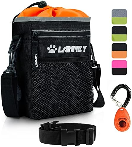 Dog Treat Pouch Pet Training Bag for Small to Large Dogs, Treat Tote Carry Kibble Snacks Toys for Training Reward Walking, Metal Clip, Waist belt, Shoulder Strap, Poop Bag Dispenser, Black with Orange
