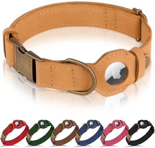 AirTag Dog Collar - Genuine Leather Dog Collar with Apple AirTag Holder and Metal Buckle - Smart GPS Tracking Pet Collars (Light Brown, XS, 9"-12" Neck Fit)