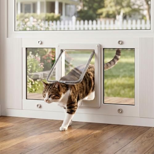 Cat Door for Window, Adjustable 31"-36", 4 Locking Modes + Extra Security Lock for Outside Safety, Window Pet Door with Magnetic Self-Closing, No-Drill Installation, Weatherproof Aluminum Frame Insert