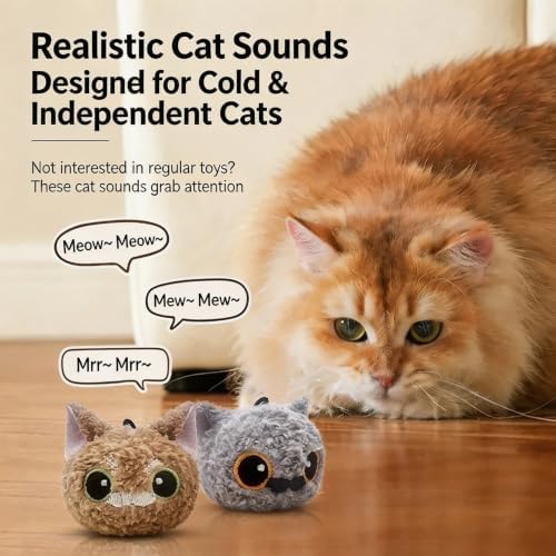 Interactive Cat Toy with Realistic Meow Sounds, Touch Activated Self Play Plush Kitten Toy, Durable Bite Resistant Cat Plush Ball, Cat Entertainment Toy for Indoor Cat (Abyssinian Cat