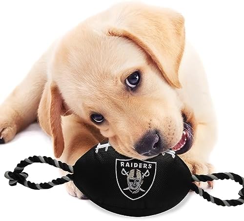 Pets First NFL Raiders Football Dog Toy, Tough Quality Nylon Materials, Strong Pull Ropes, Inner Squeaker, NFL Team Color