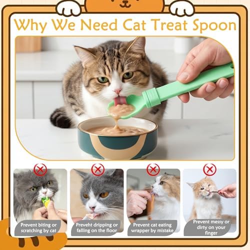 3 PCS Cat Treat Spoon, Multifunctional Lickable Cat Treat Spoon Squeeze for Easy Feeding, No Mess Cats Treats Feeder for Licky Treats & Wet Food, Anti-Bite, Prevents Waste (Orange, Green, Beige)