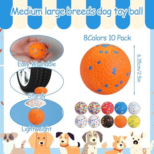 10 Pcs Dog Balls, 2.5 Inch Indestructible Tennis Balls for Aggressive Chewers, Durable Bouncy Interactive Toys Fetch Game and Teething Chew for Large Medium Small Dogs and Puppies, Colorful