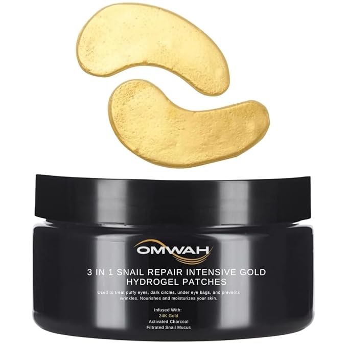 OMWAH Activated Charcoal Hydrogel Under Eye Patches, Snail Mucin Moisturizer & 24K Gold Eye Masks to Reduce Dark Circles, Puffiness & Wrinkles, Long-lasting hydration For Men & Women –30 Pairs (60Pcs)