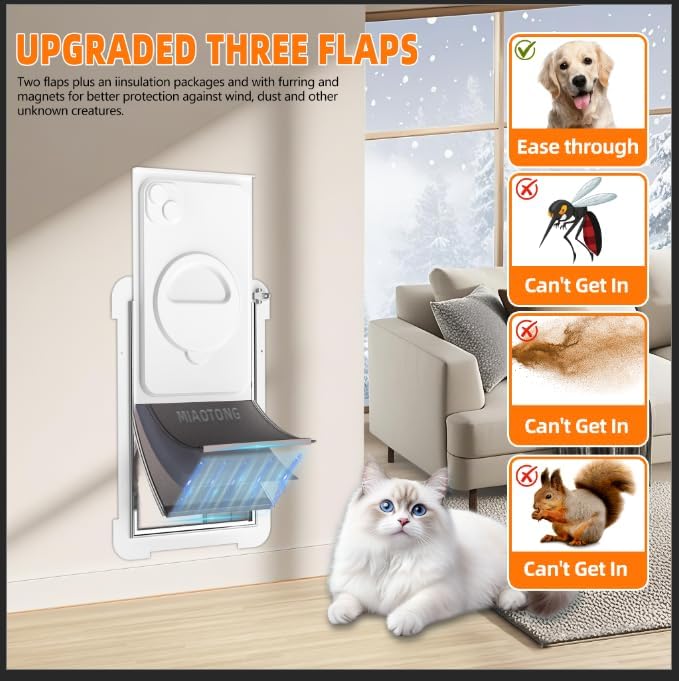 MIAOTONG 3-Flap Steel Small Dog Door for wall with Sliding Lock Panel | Weatherproof Extreme Weather Pet Door, Insulated Doggy Door with Telescoping Tunnel, Ideal for Dogs & Cats (Up to 12 Lb)