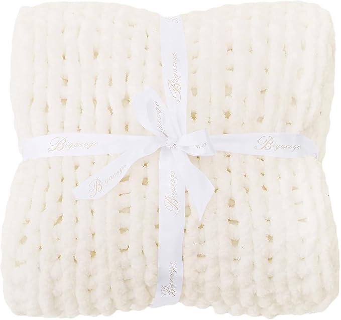 Bigacogo Chunky Knit Throw Blanket for Couch, 51x63 inches, Ivory | Hand Knit with Jumbo Chenille, Soft Breathable Cable Knit for Sofa Bed Living Room, Machine Washable, Gift for Mom Friend