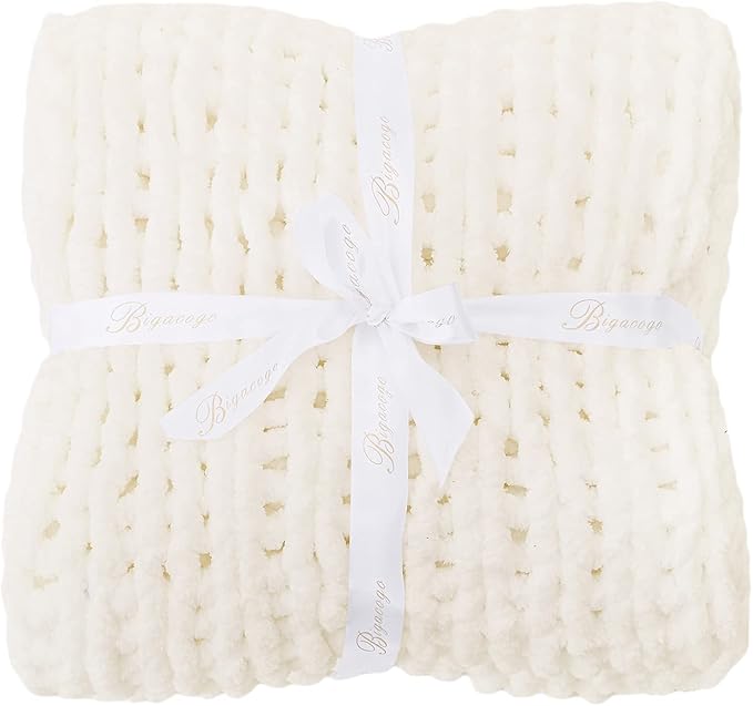 Bigacogo Chunky Knit Throw Blanket for Couch, 40x40 inches, Ivory | Hand Knit with Jumbo Chenille, Soft Breathable Cable Knit for Sofa Bed Living Room, Machine Washable, Gift for Mom Friend