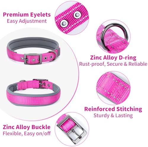Segarty Reflective Large Dog Collar Girl Neck Size 18.9-23in, Adjustable Wide Soft Comfortable Breathable Neoprene Padded Nylon with Heavy Duty Metal Buckle for Large Medium Breeds (L, Hot Pink)