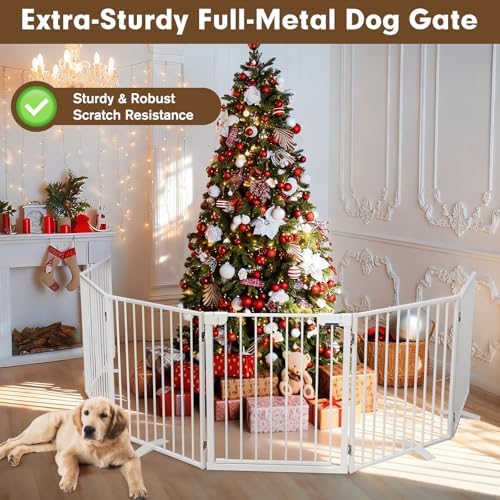156" Extra Wide Dog Gate, Heavy Duty Metal Freestanding Dog Gate with Door for Indoor & Outdoor, Foldable Pet Fence for Doorways,House,Porch,Deck,Yard,Stairs, Auto Close(6 Panels,White)