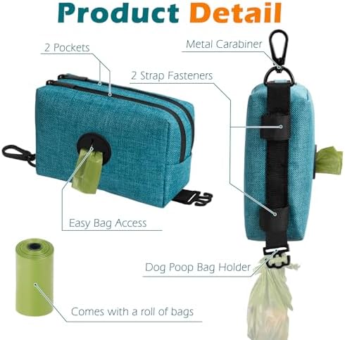 PetBonus Dog Poop Bag Holder, Portable Pet Waste Bag Dispenser, 2 Pouches for Treats and Walking Accessories, Fit All Leashes, Includes 1 Roll of Dog Poop Bags (Lagoon Blue)