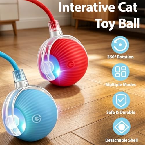 Interactive Cat Toys Ball for Indoor Cats, Automatic Self-Rolling, Motion-Activated, Bird Chirping Cats Dogs Ball Toy with Elastic Mesh Tail, Cat Enrichment Toys for Indoor Cats (Red+Blue)