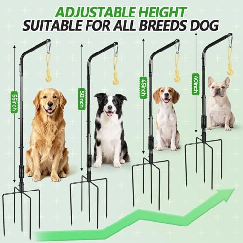 HVDI Tether Dog Toy Rack with 3 Tug Rope Toys, Dog Rope Play Spring Rack and Interactive in Yard, Park, Lawn, Adjustable Height Suitable for Large, Medium, Small Dogs (55 Inches)