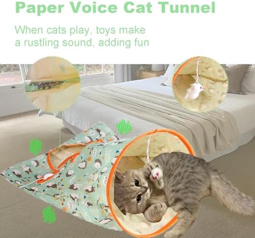 Cat Tunnel Bag for Indoor Cats, Foldable Pet Tunnel Crinkle Sack Bag with a Little Mouse & 3 Toy Ball, Portable Crinkle Paper Interactive Hide and Seek Cat Toys (Green)