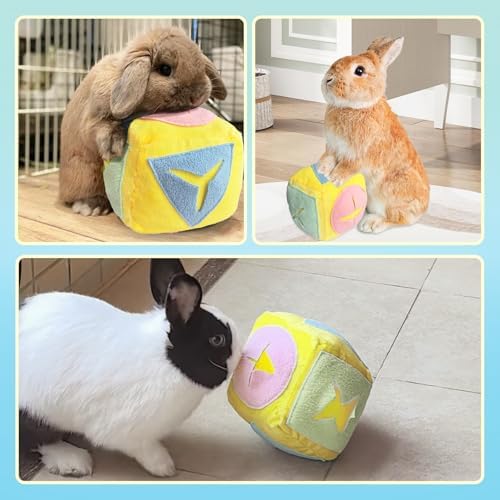 Large Rabbit Foraging Toy with Bell, Washable Snuffle Ball for Rabbits Toys Interactive Puzzle Bunny Toy Treat Dispenser Encourage Natural Foraging Skill Slow Feeder for Small Animal - Yellow