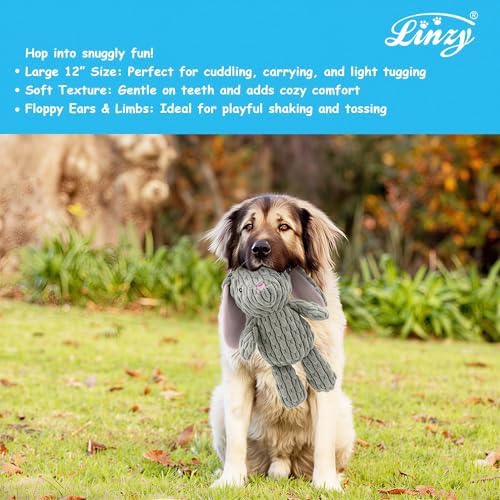 Linzy Bunny Squeaky Plush Dog Toy, Soft Squeaky Chew Toy for Small Medium Large Dogs, Pet Toy for All Breeds to Keep Them Entertained, Teeth Cleaning, Gray, 12-in