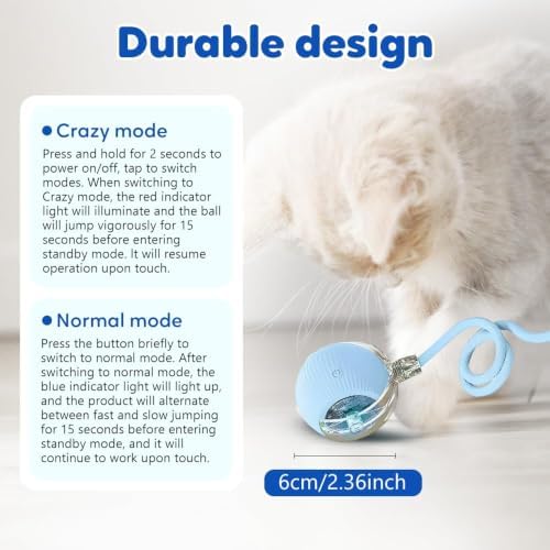 Interactive Cat Toy Ball, 2026 New Rechargeable Motion Activated Self Solo Play Electronic Stimulation Chase Teaser Ball Toy with Rope for Indoor Bored Adult Cat and Dog (Yellow, 1pcs)