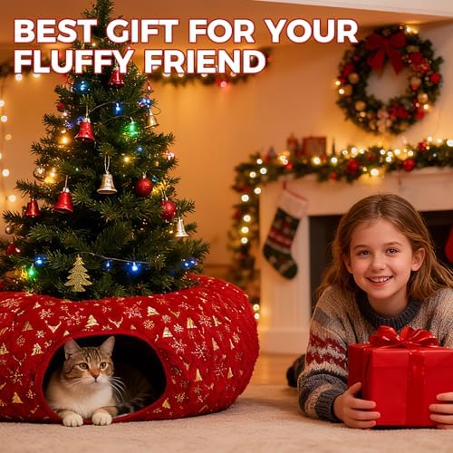Homimp Christmas Cat Tunnel for Indoor with Bowtie, Cat Christmas Tree Large Tube Playground with Washable Circle Cushion and Plush Ball Toy, Round Pet Peekaboo Cave Toy for Kitten/Puppy/Rabbit,Red