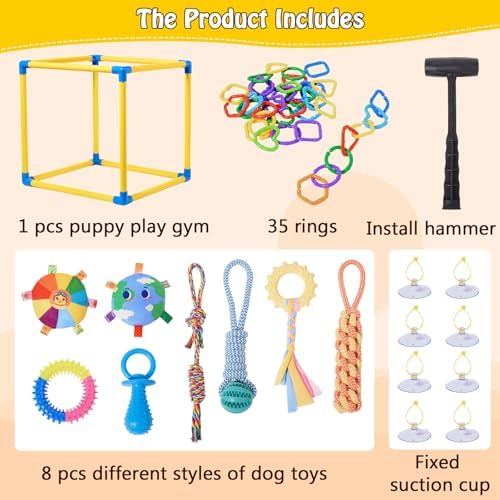 Puppy Play Gym with 8 Hanging Toys, Small Dogs Indoor Jungle Playground, PVC Frame with Suction Cups Interactive Enrichment Activity Center