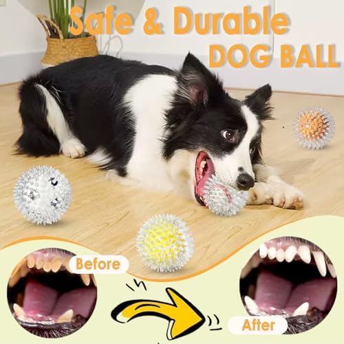 Squeaky Dog Toy Balls 4 Pack — Sports Themed Spiky Dog Balls for Medium Dogs, Durable PVC Dental Chew Balls for Cocker Spaniel Aussie Pitbull, Interactive Outdoor Toy