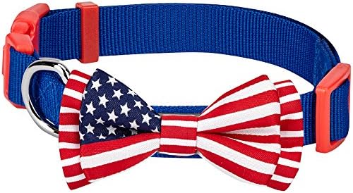 Blueberry Pet 2 Patterns Patriotic Spirits American Flag USA Adjustable Bowtie Blue Dog Collar - Handmade Bow Tie w/Jacquard Weave Fabric, Medium, Neck 14.5"-20"