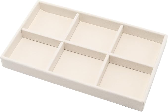 Velvet Jewelry Organizer Tray, Beige 6 Grids | Stackable Jewelry Storage Display Tray with Removable Dividers for Drawer Dresser Cloest Organizer