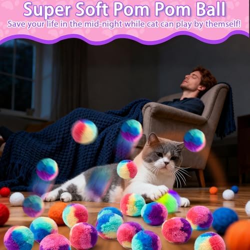 Mity rain 51PCS Cat Ball Launchers & Pom Pom Balls Interactive Cat Toy Set