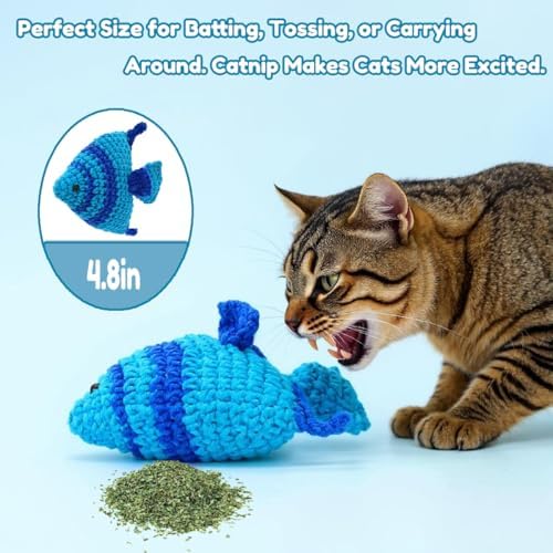 Catnip Fish Toy - Hand-Crocheted with Real Catnip & Bell, Interactive Kicker Toy for Cats Kitten, Soft & Safe for Biting