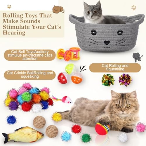 Zopeal 58 Pcs Summer Cat Storage Basket Gift Toys Set, Colorful Flashing Balls Pet Bell Crinkle Balls Spring Toys Attract Cat to Swat, Hunt, Interactive for Pet(Grey,9.8 Inch)