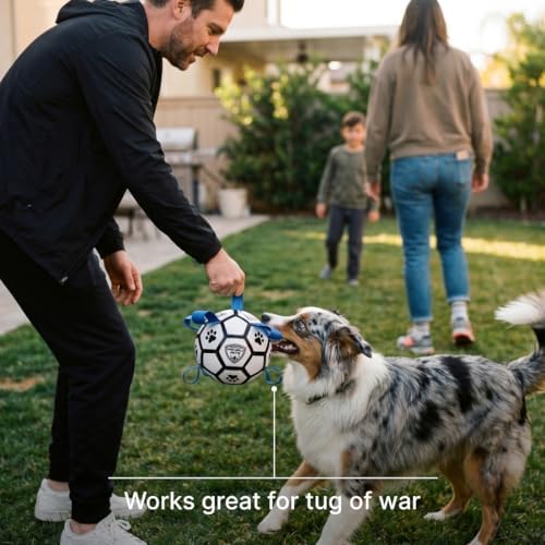 Maccabi Interactive Dog Soccer Ball for Dogs, 6” with Straps & Grab Tabs, Floats on Water, Fetch & Training Toy for Small/Medium Dogs, Herding Breeds, Waterproof Non-Toxic – ProBall Pets – White Blue