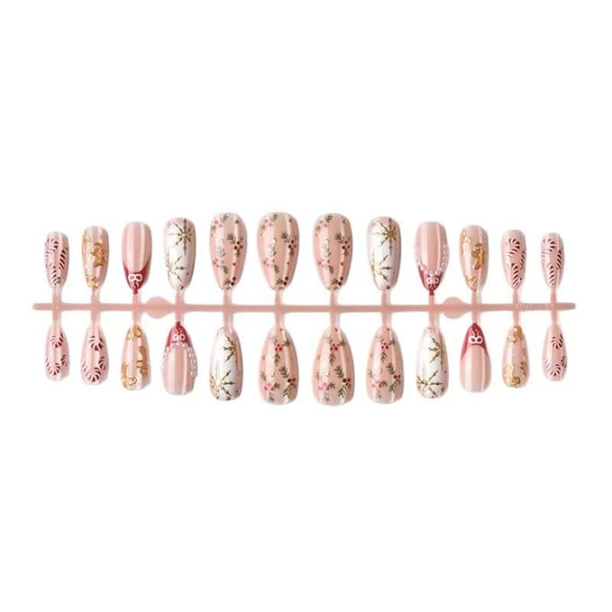 Christmas Press on Nails Gingerbread Man Fake Nails Holly Glue on Nails with Candy Cane Design Medium Almond False Nail Glossy Full Cover Artificial Acrylic Xmas Stick on Nail for Women Manicure 24Pcs