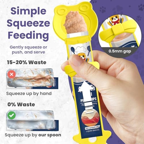 Lickable Cat Treat Spoon, Puree Squeeze Feeder, Silicone, Yellow