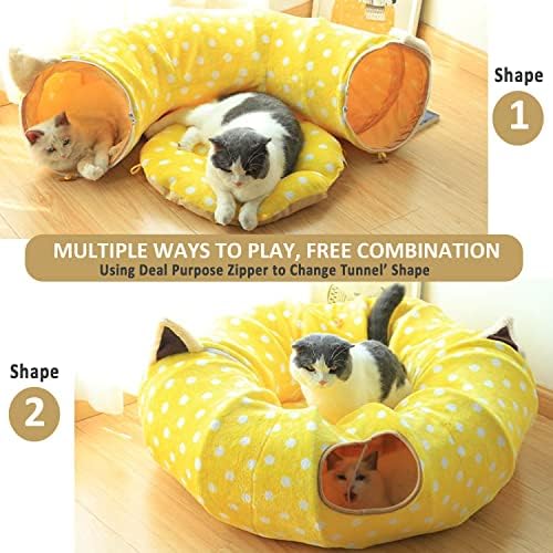 AUOON Cat Donut Tunnel with Bed for Kitten Puppy Rabbit Ferret, Yellow