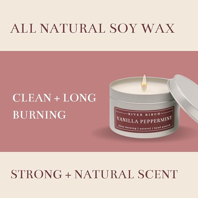 River Birch Candles Vanilla Peppermint Scented Candle | Premium, All-Natural, Non-Toxic, Soy Candles | 8 oz. Silver Tin Travel Candle | Cozy Relaxing Gifts for Home
