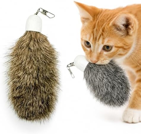2 Pack Natural Rabbit Fur Cat Toy Refills – Silent Interactive Cat Toys for Indoor Cats, Handmade Replacement Heads with Secure Connector for Cat Wand Toys